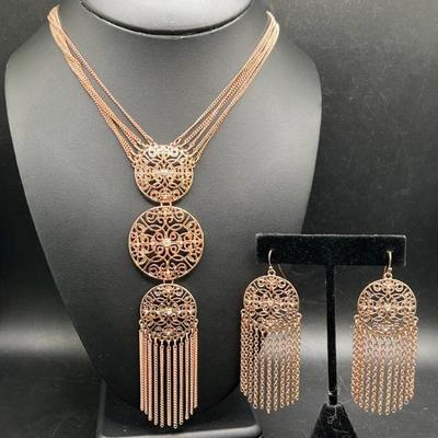Fancy Filigree Fringe Medallion Necklace & Earrings Jewelry Set
