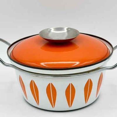 Cathrineholm Cookware Enamel 7.75” Dutch Oven Orange Lotus Norway, MCM, VINTAGE
