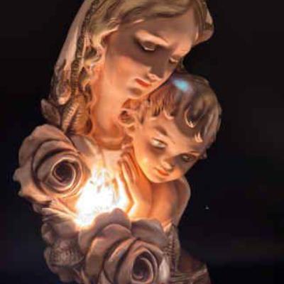 Large Vintage Hand Painted Chalkware High Relief Madonna & Child Lamp
