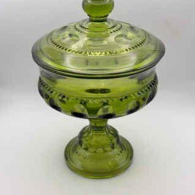Vintage Indiana Kings Crown Thumbprint Pedestal Candy Dish
