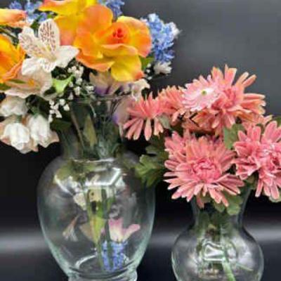 (2) Clear Glass Vases With Faux Florals
