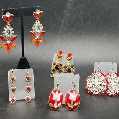 (5) Pairs of Red Lovers Earrings including Cloisonné
