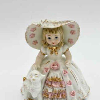 Vintage Lefton Figurine Mary Had a Little Lamb Nursery Series Japan Gold & Roses
