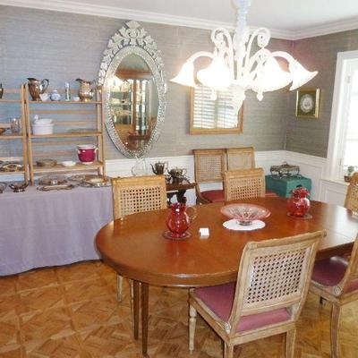 Venetian Mirror $450; Dining Table $300; Set 8 Chairs $800