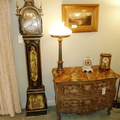 Grandfather Clock $420; John Widdicomb Chest $600