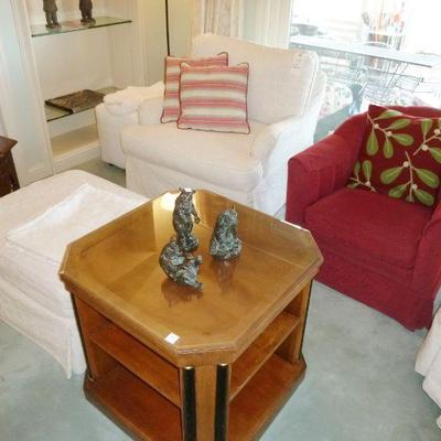 White Chair with Ottoman $150; Red Chair $90; End Table $120