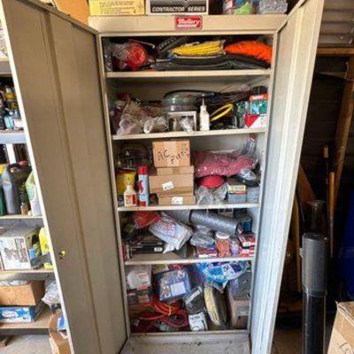 #18006 • Romex Wire, Nails, Spark Plugs, Torch, Tools with Metal Cabinet
