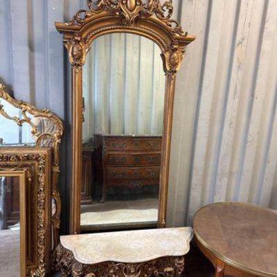 #8016 • Framed Pier Mirror and Marble Top Table
