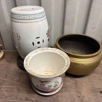 #8506 • Chinese Ceramic Stool, Oriental Pot Vase, Brass Chinese Incense Burner

