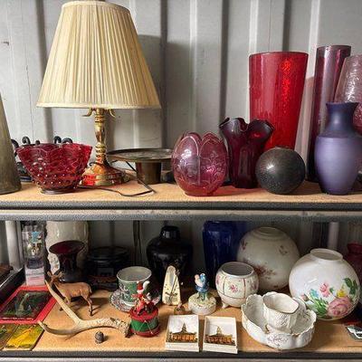 #8058 • Glass, Porcelain, Lamp, Wooden Display Stands
