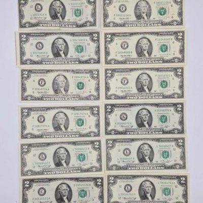 #1536 • (12) Green Seal $2 Dollar Banknotes
