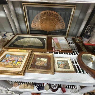 #8050 • Framed Decorative Fans, Seth Thomas Barometer Wall Clock, Framed Artworks
