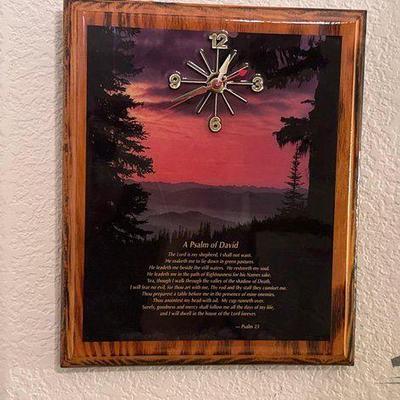 #16000 • 2 Framed Photos and Wooden Clock
