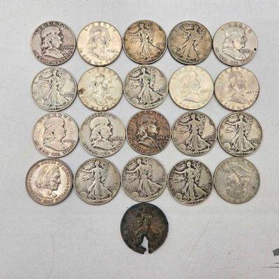 #1410 • (21) Pre 1964 90% Silver Half Dollar Coins, 245.29g
