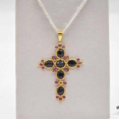 #604 • 18k Gold and Sapphire Cross Pendant, 1.89g
