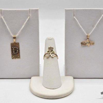 #710 • 14k Gold Pendants & Ring with Rhinestones, 3.37g
