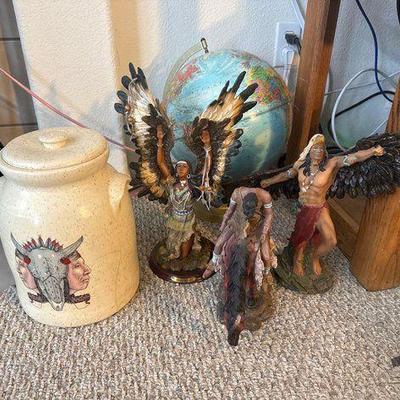 #11516 • (3) Native American Statues, Ceramic Canister, and Globe
