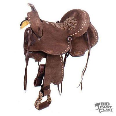 #69 • NEW!!! 14" Seat Double T Leopard Print Youth Barrel Saddle
