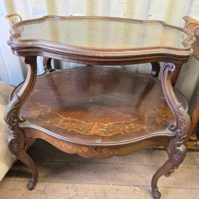 #7004 • Two Tier Wooden Table with Inlay and Glass Tray
