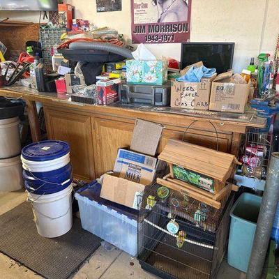 #18016 • Tools, 5 Gallon Buckets, Bird Cage, Bird House, Bench Vises & More
