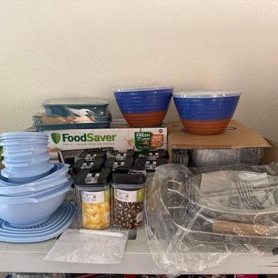 #10016 • Food Saver, Tupperware, Storage Containers,Curtis Stone Bakeware, Strainers
