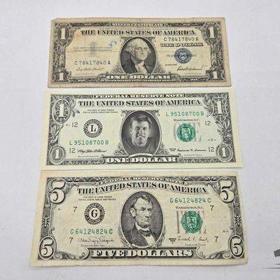#1540 • (2) $1 Dollar Banknotes & (1) $5 Dollar Banknote
