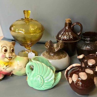 Shawnee Pig, vintage insulator, Jeannette amber candy dish