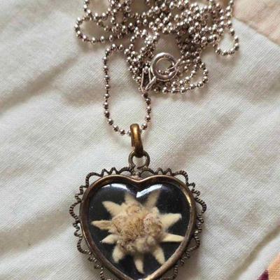 German Eidelwiess dried flower pendant necklace