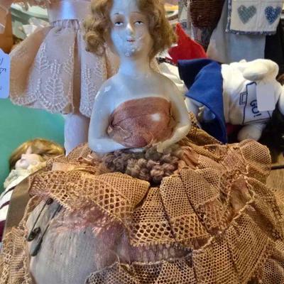 Antique German half doll cushion