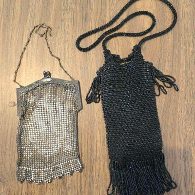 1920s / 30s Flapper era metal mesh purse and black glass bead purse