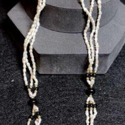Pearl multi strand necklace with black gold accent beads