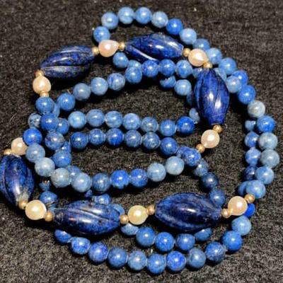 Lapis bead necklace with pearl accents