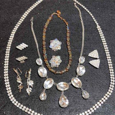 Rhinestones necklace belt, earrings & shoe clips