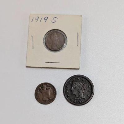 Lot #L84 - Historic Coin Lot - 1919 Wheat Penny, 1863 Civil War Token & 1845 Large Cent