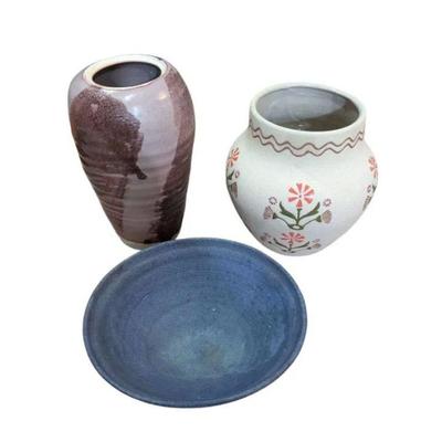 Lot #73 - Decorative Pottery - Diane Sandusky Signed Vase, Anthropologie Vase, Signed Mark Wong Raku Bowl