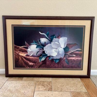 Lot #39 - Framed Floral Artwork "Magnolias on Gold Velvet Cloth" by Martin Johnson Heade