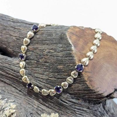 Lot #81 - T&C 10K Gold & Amethyst Heart Bracelet