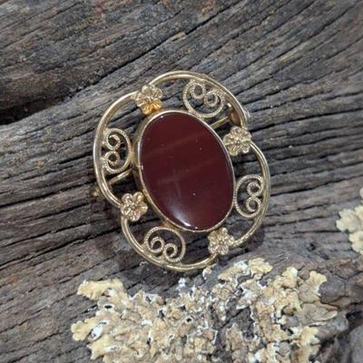 Lot #S89 - Carnelian Oval Cabochon in Intricately Designed 12K GF Brooch Setting
