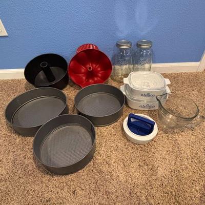 Lot #58 - Baking Essentials Lot - Round Springform Pans, Wide Mouth Jars, Measuring Cup, Corning Ware Dishes, & Cake Pans