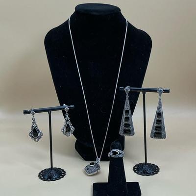 925 Silver Necklace, Earrings And Ring