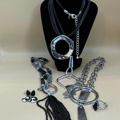 Ladies Necklaces, Ring And Earrings In Silver-Tone And Black