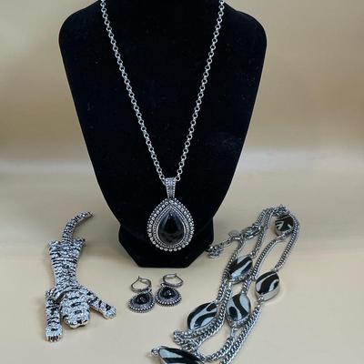 Articulated Tiger Pin In Silver-Tone With Black & White Crystals , 2 Necklaces & Pair Of Earrings 