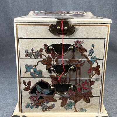 Asian Style 3 Drawer Lacquered Jewelry Chest Stand-up Mirror 