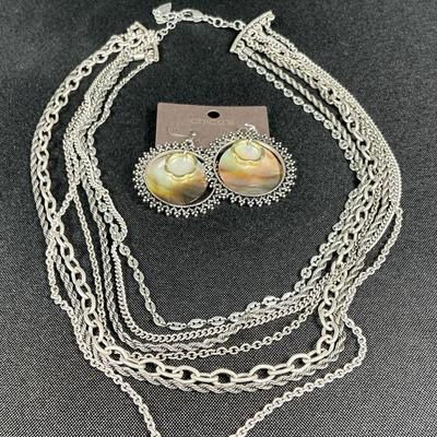 Multi-Strand Silver-Tone Chain Necklace From Coldwater Creek And  Chico’s Earrings In Abalone 