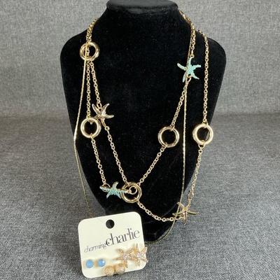 Charming Charlie Starfish Necklace And Matching Earring Set And Gold Colored Chain