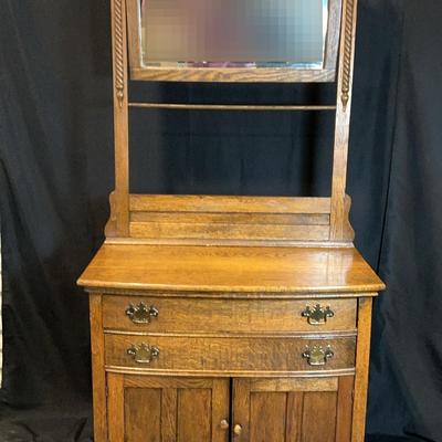 Antique Oak Two Drawer Wash Stand With Mirror