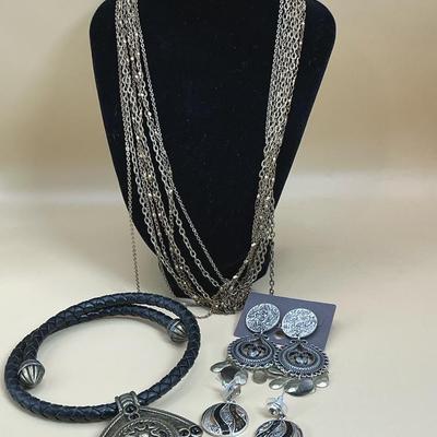 Ladies Black, Braided Choker, Gold-Tone Chain Necklace And 2 Pairs Of Earrings