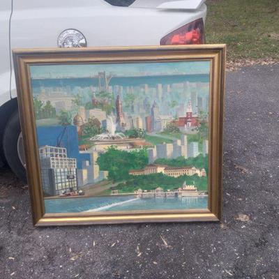 Large oil on canvas george young moving company that moved monuments in philadelphia for last hundred years. Company  sold out. Came out...