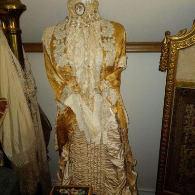Victorian wedding dress on form w carved shell cameo shoes and gloves etc