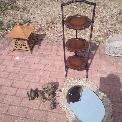 Antique pressed silver bevelled mirror w wood back 3 tier mahogany stand